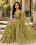 Mehendi Green Embroidered Saree With Blouse Piece