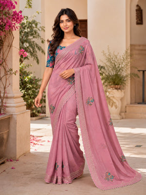Pink Embroidered Saree With Blouse Piece