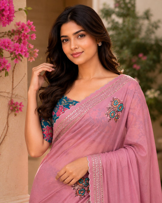Pink Embroidered Saree With Blouse Piece