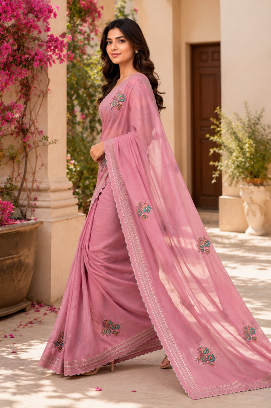 Pink Embroidered Saree With Blouse Piece