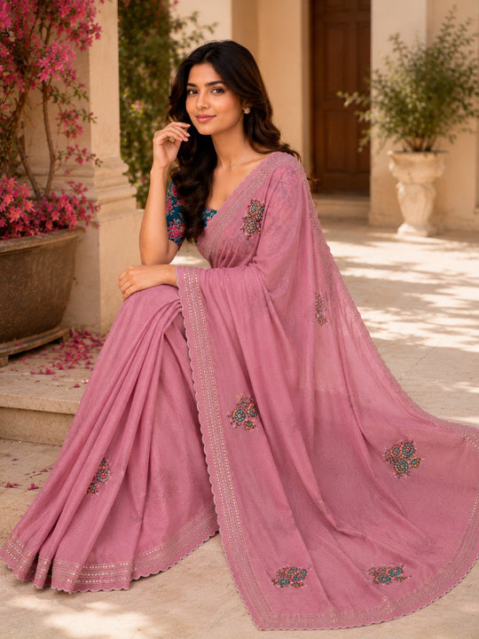 Pink Embroidered Saree With Blouse Piece