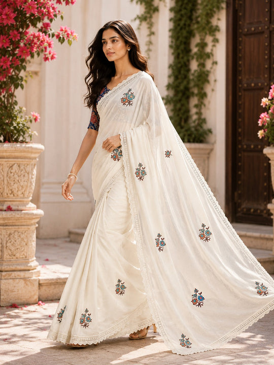 Off White Embroidered Saree With Blouse Piece