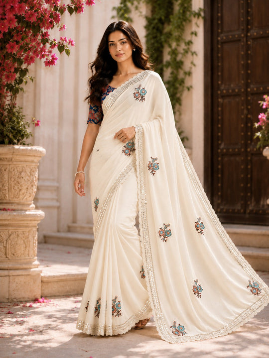 Off White Embroidered Saree With Blouse Piece