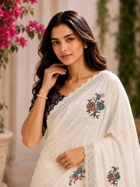 Off White Embroidered Saree With Blouse Piece