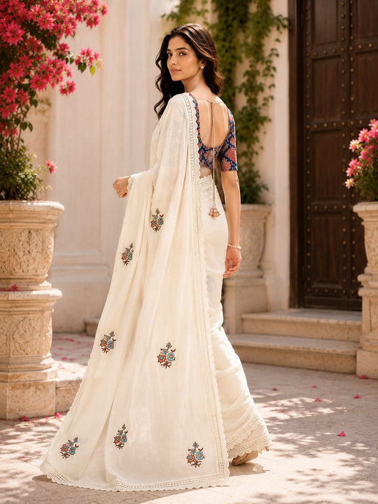 Off White Embroidered Saree With Blouse Piece