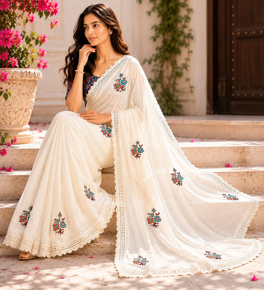 Off White Embroidered Saree With Blouse Piece