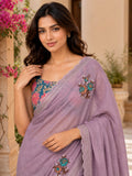 Lavender  Embroidered Saree With Blouse Piece