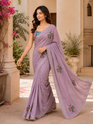 Lavender  Embroidered Saree With Blouse Piece