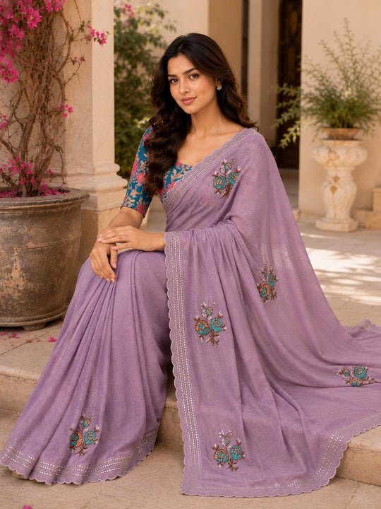 Lavender  Embroidered Saree With Blouse Piece