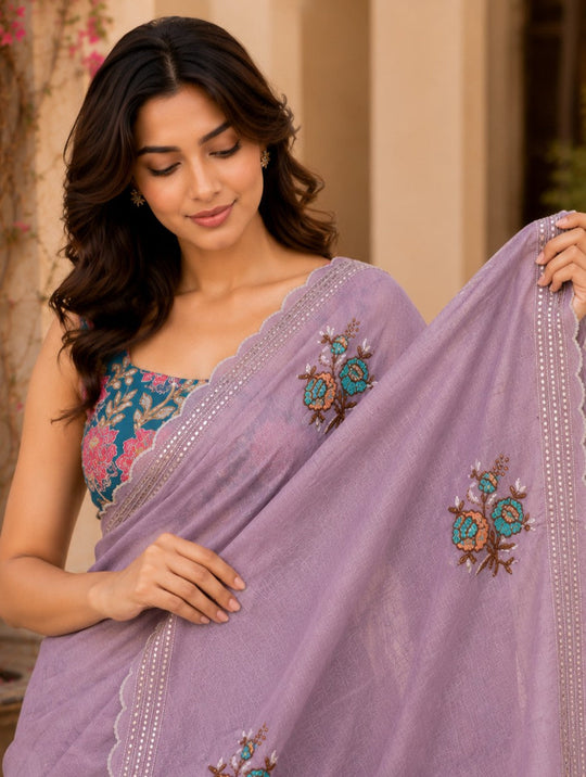 Lavender  Embroidered Saree With Blouse Piece