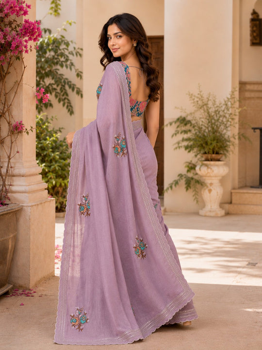 Lavender  Embroidered Saree With Blouse Piece