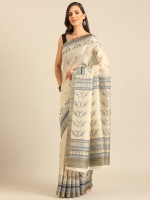 Cream Cotton Blend Saree With Blouse Piece