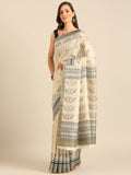 Cream Cotton Blend Saree With Blouse Piece