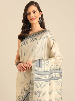 Cream Cotton Blend Saree With Blouse Piece