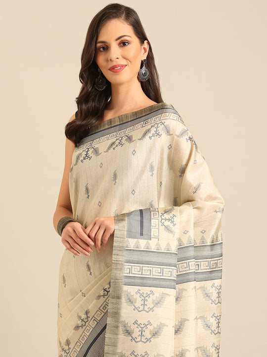 Cream Cotton Blend Saree With Blouse Piece