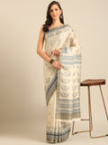Cream Cotton Blend Saree With Blouse Piece
