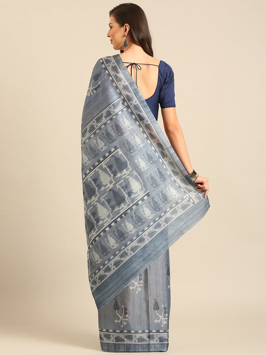 Grey Cotton Blend Saree With Blouse Piece