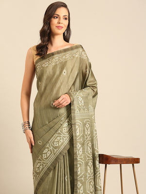 Olive Cotton Blend Saree With Blouse Piece