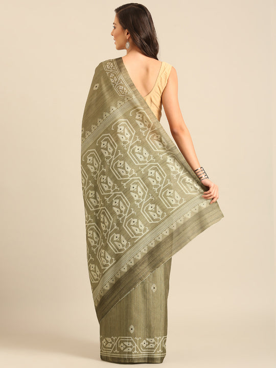 Olive Cotton Blend Saree With Blouse Piece