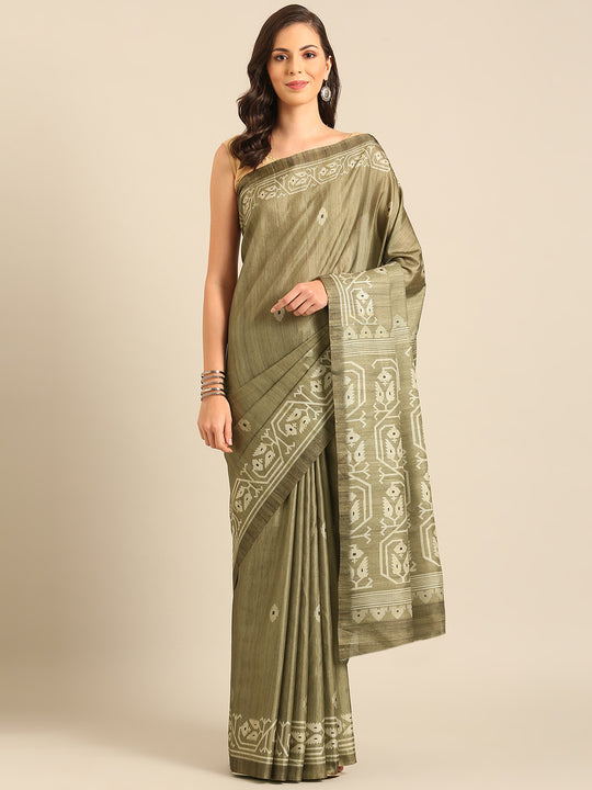Olive Cotton Blend Saree With Blouse Piece