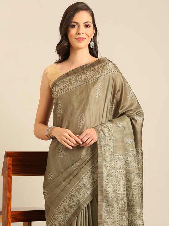 Olive Cotton Blend Saree With Blouse Piece