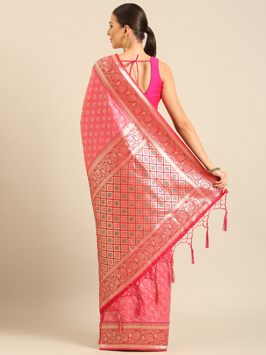 Pink Silk Blend Saree With Blouse Piece