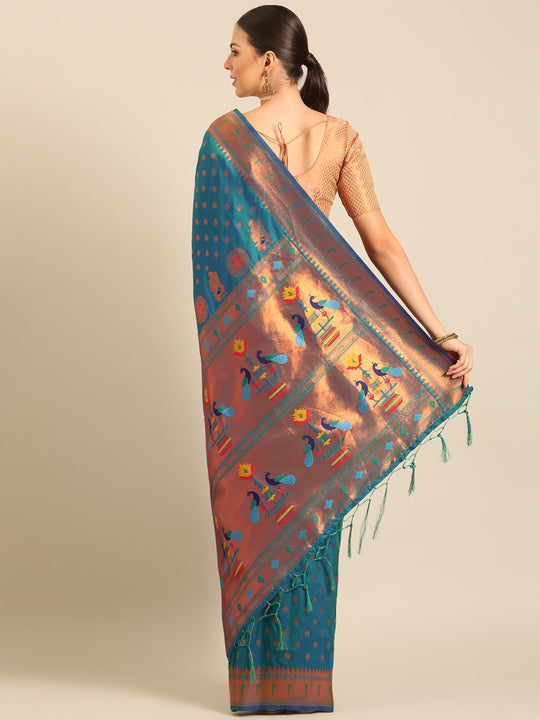 Turquoise Silk Blend Saree With Blouse Piece