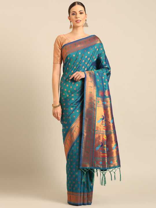Turquoise Silk Blend Saree With Blouse Piece