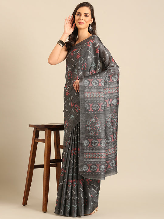 Grey Cotton Blend Saree With Blouse Piece