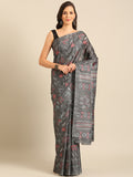 Grey Cotton Blend Saree With Blouse Piece