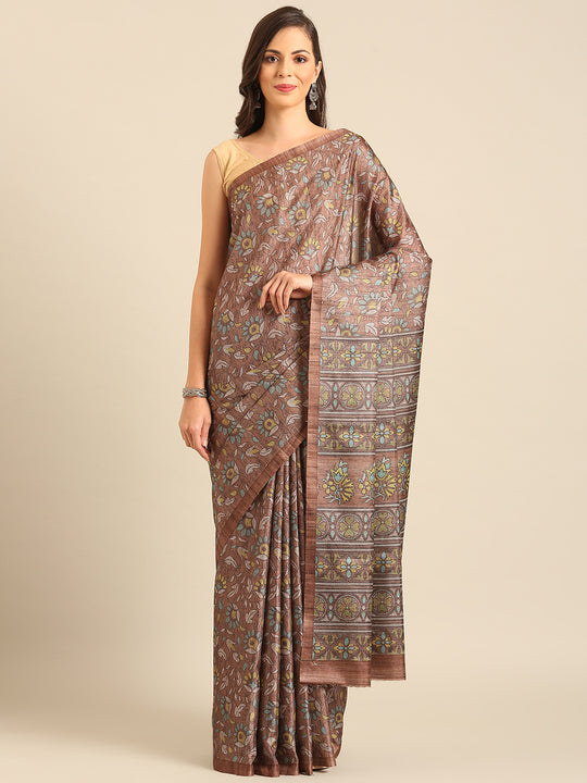 Brown Cotton Blend Saree With Blouse Piece
