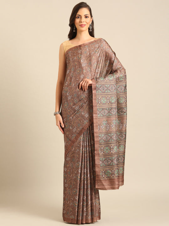 Brown Cotton Blend Saree With Blouse Piece