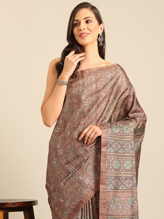 Brown Cotton Blend Saree With Blouse Piece