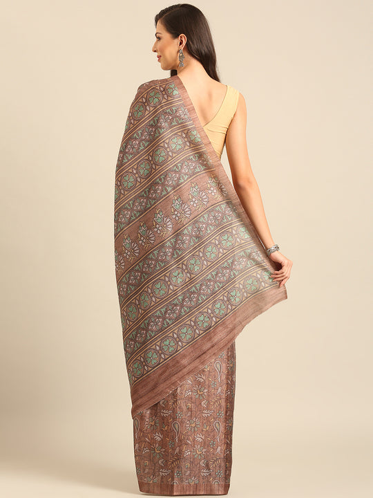 Brown Cotton Blend Saree With Blouse Piece