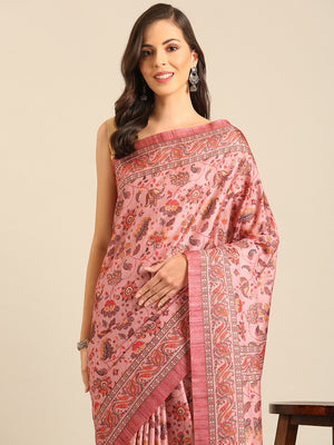 Pink Cotton Blend Saree With Blouse Piece