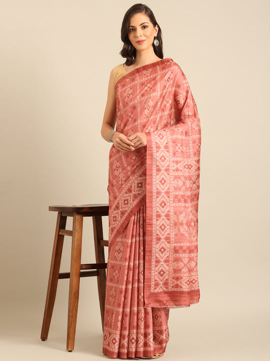 Peach Cotton Blend Saree With Blouse Piece