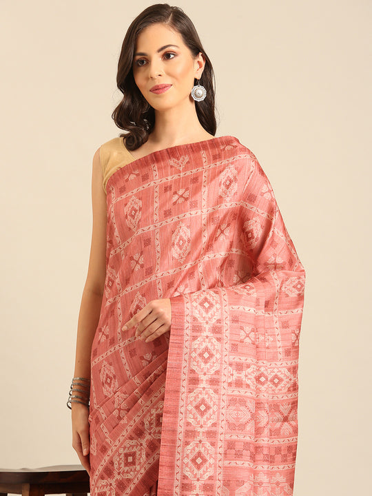 Peach Cotton Blend Saree With Blouse Piece