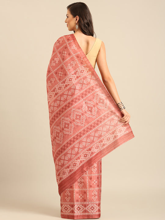 Peach Cotton Blend Saree With Blouse Piece