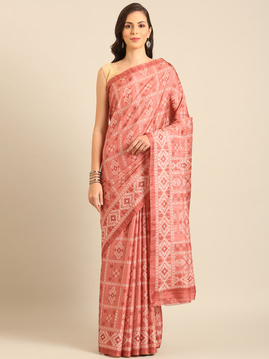 Peach Cotton Blend Saree With Blouse Piece