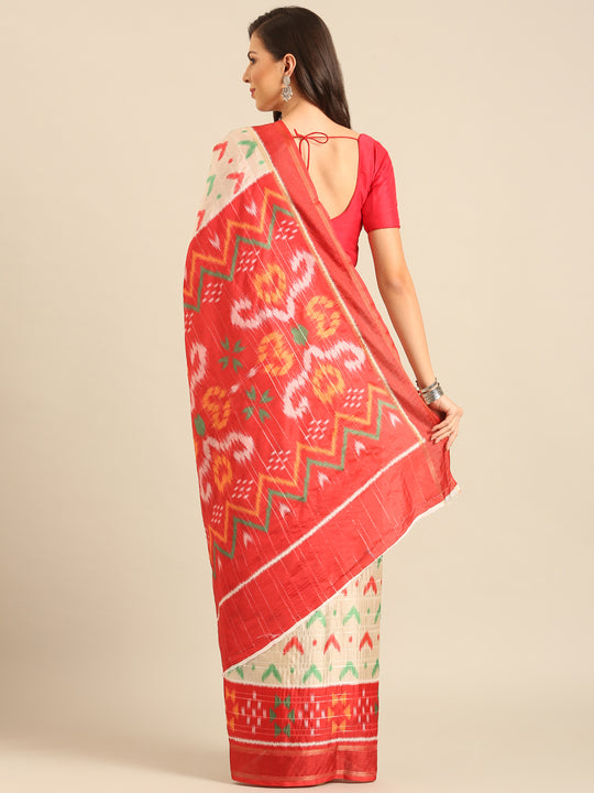 Cream Cotton Blend Saree With Blouse Piece