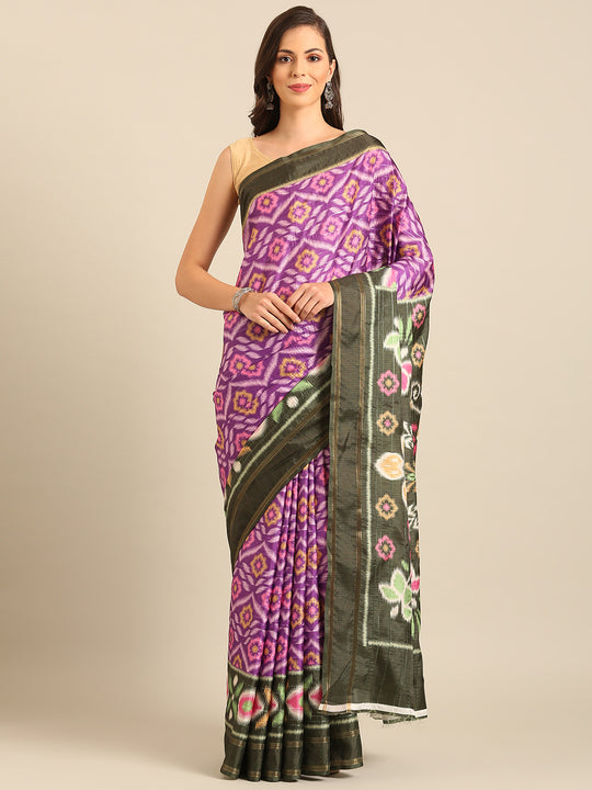 Purple Cotton Blend Saree With Blouse Piece