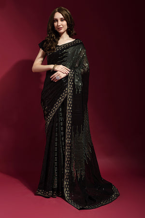 Black and Green Georgette Saree With Blouse Piece