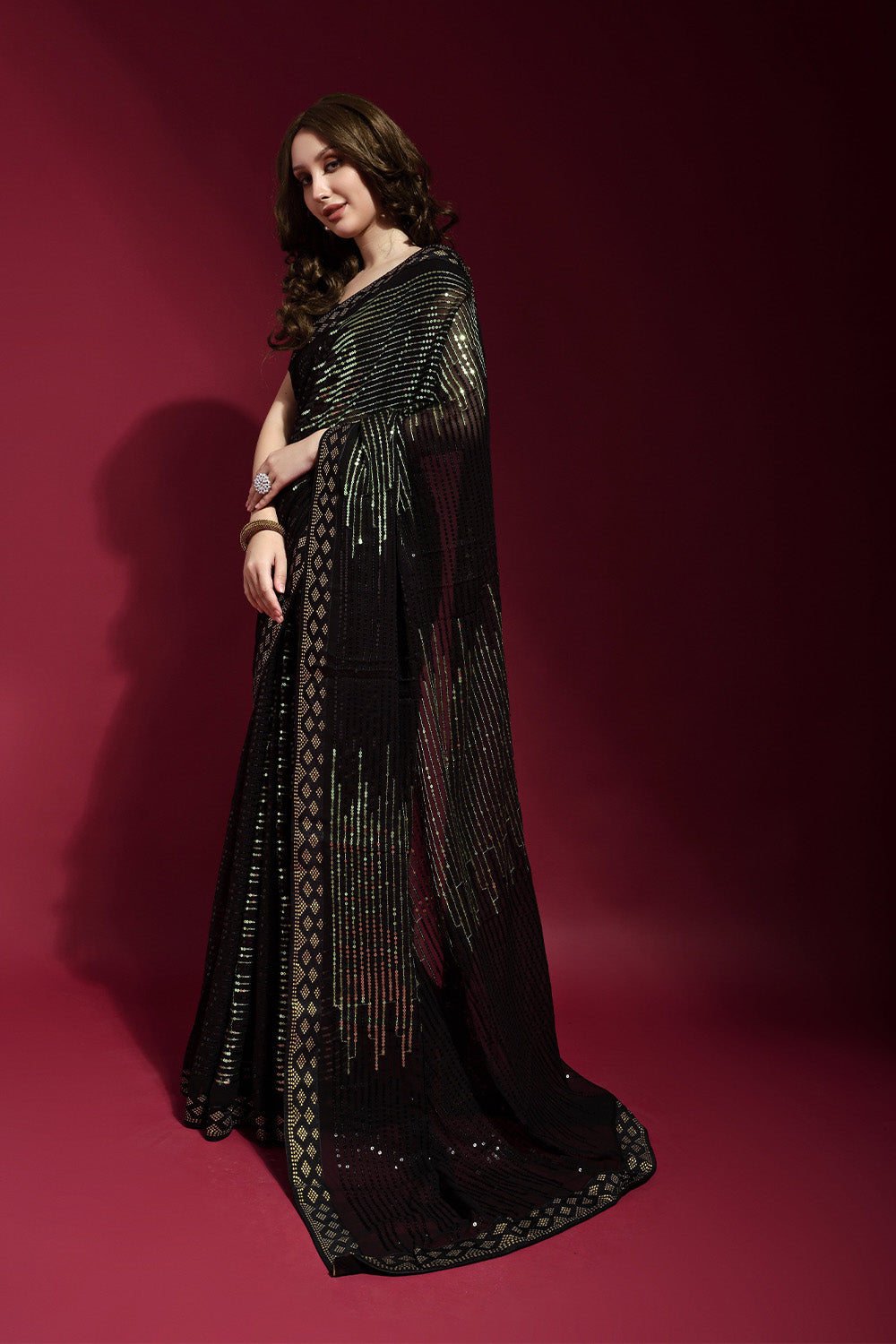 Black and Green Georgette Saree With Blouse Piece