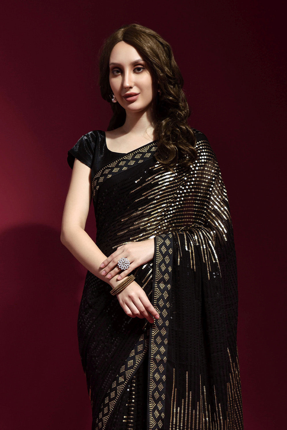 Black and Gold Georgette Saree With Blouse Piece