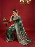 Dark Green Silk Blend Saree With Blouse Piece