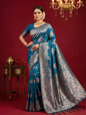 Teal Blue Silk Blend Saree With Blouse Piece