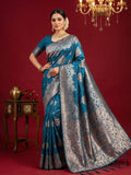 Teal Blue Silk Blend Saree With Blouse Piece