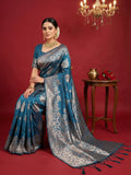 Teal Blue Silk Blend Saree With Blouse Piece