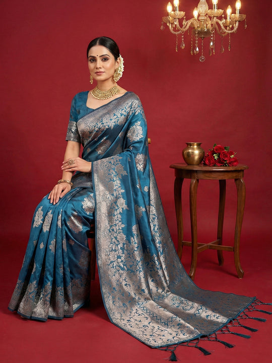Teal Blue Silk Blend Saree With Blouse Piece