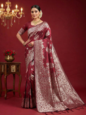 Maroon Silk Blend Saree With Blouse Piece